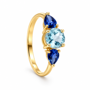 Handgefertigter Goldring mit natürlichem Blautopas und blauen Saphiren