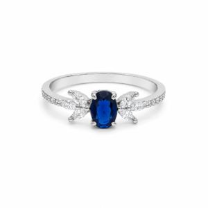 Silberring mit blauem Saphir und Pavé-Blattmotiv