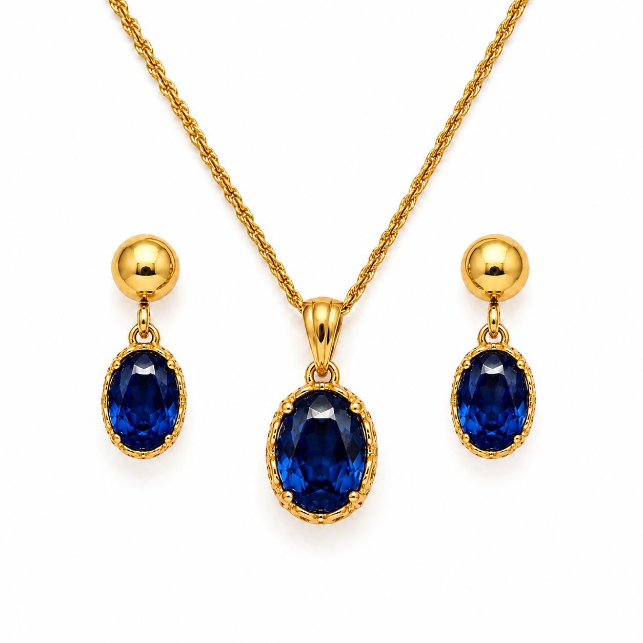 Vergoldetes Silber-Schmuckset mit ovalen blauen Saphiren
