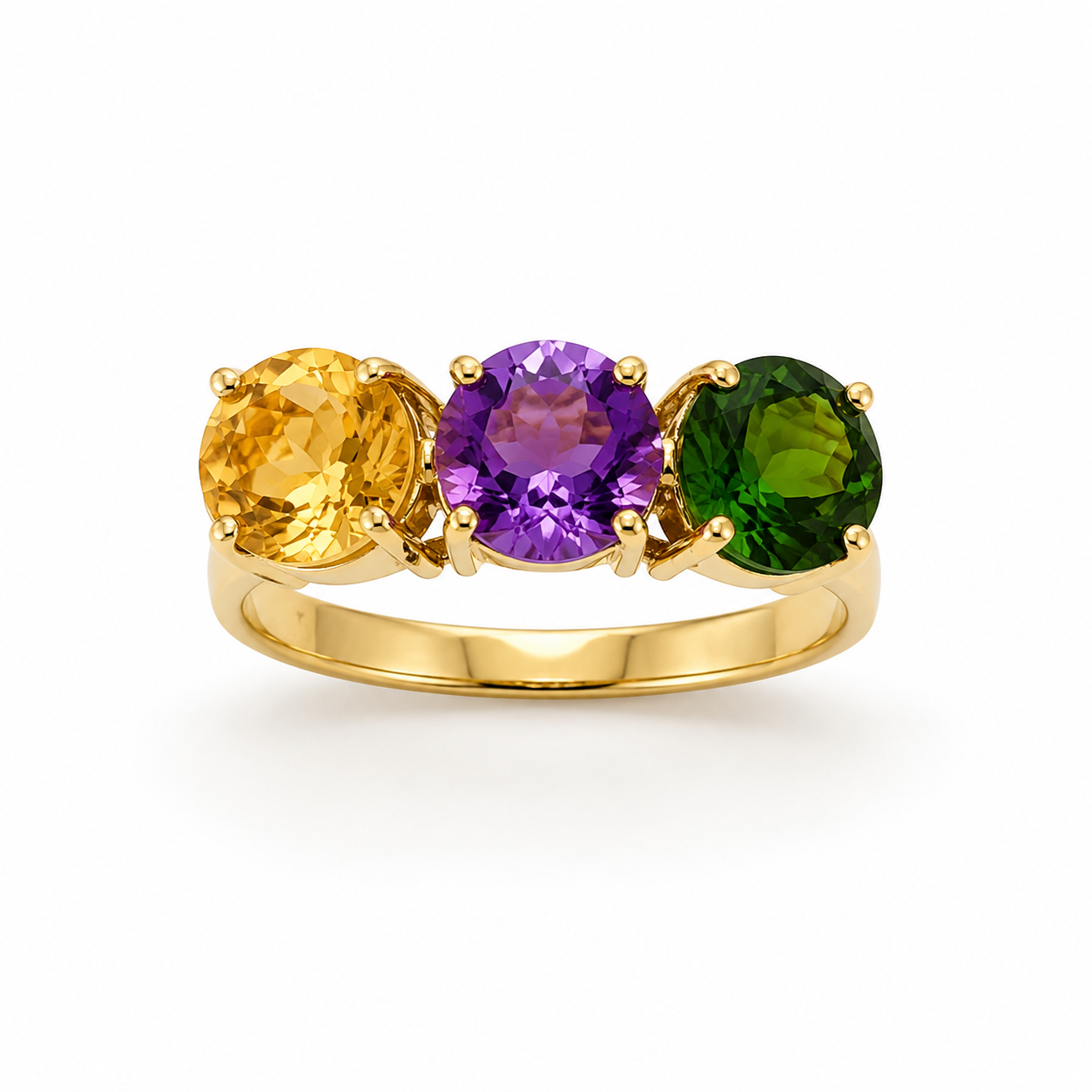 Handgefertigter Goldring mit natürlichem Citrin, Chromdiopsid und Amethyst
