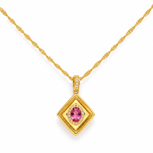 Rautenförmiger Silberanhänger mit rosa Turmalin und Gelbgoldbeschichtung