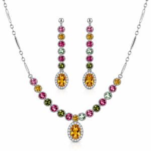 Silber-Schmuckset mit gelbem Turmalin und mehrfarbigen Edelsteinen