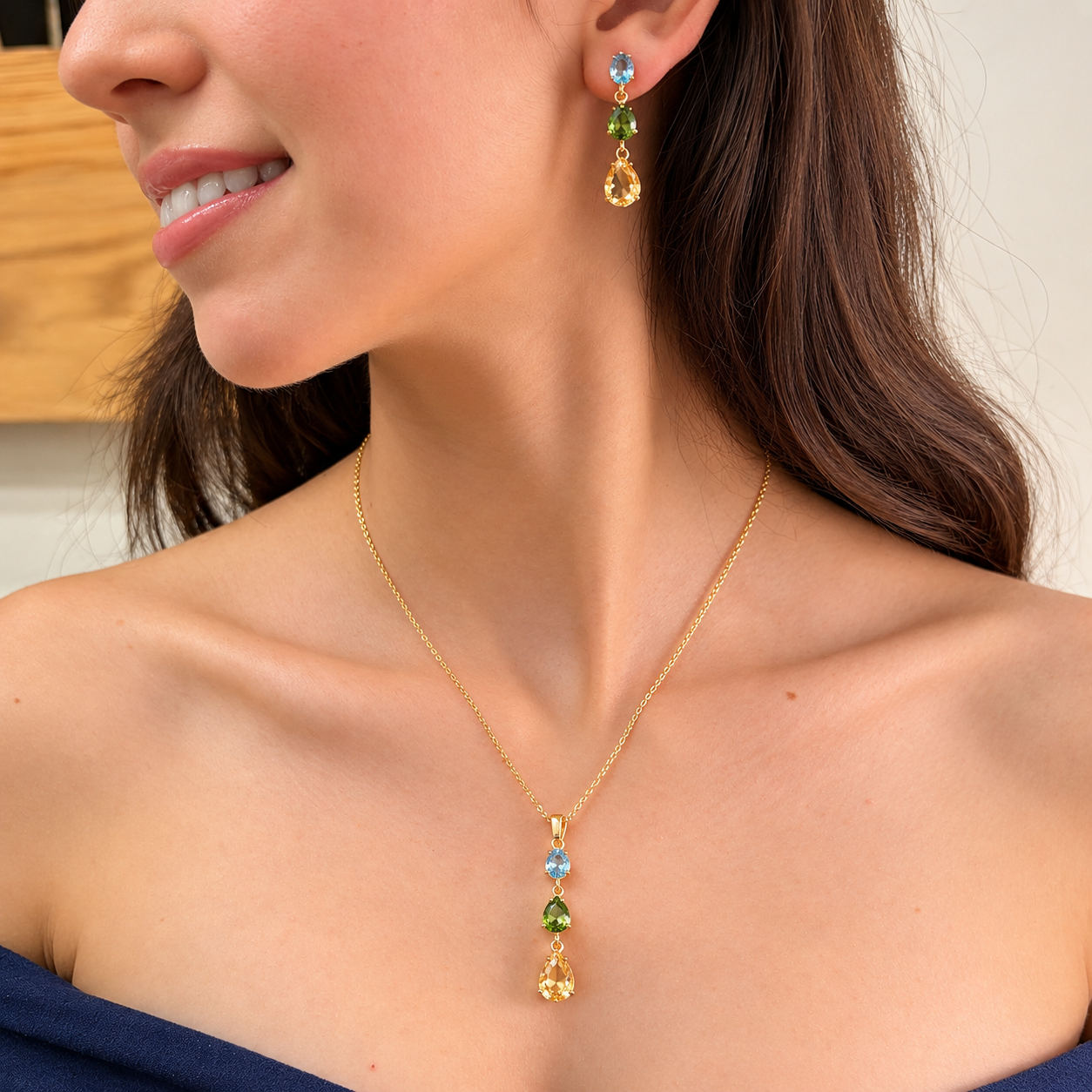Schmuckset aus 18-Karat-Gelbgold mit drei tropfenförmigen Edelsteinen - Image 4